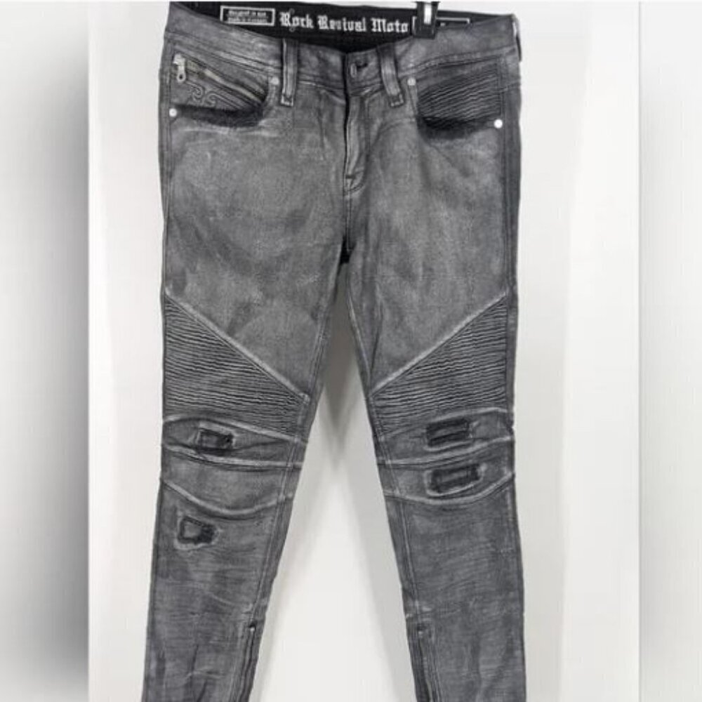 Rock Revival Naline Moto Skinny Stretch Jeans size 28 Black‎ Silver New
